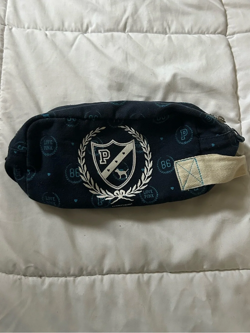 PINK Victoria's Secret Navy Crest Canvas Cosmetic Pouch with Cream Strap